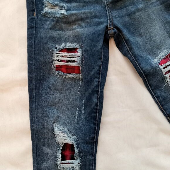 Judy Blue Los Angeles Skinny Fit Distressed Plaid Print Accent Y2k Grunge Jeans - Picture 4 of 9